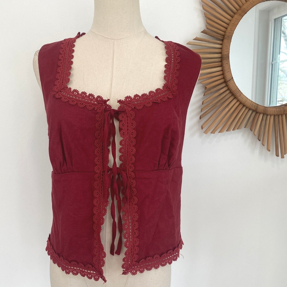 House of Harlow 1960 Red Ribbed Lace Trim Milkmaid Tie Front Tank Top S